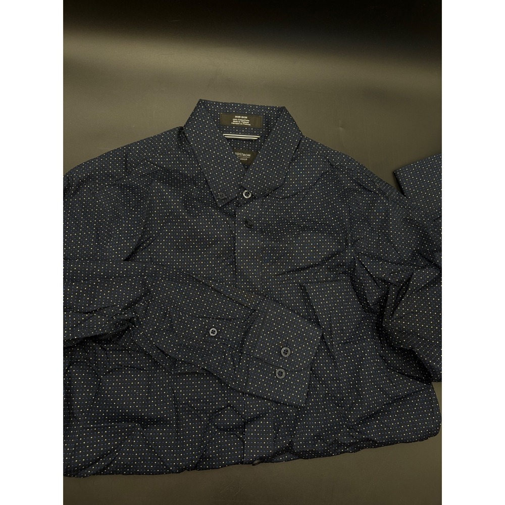 Nordstrom Mens Shop Navy Blue Polka Dot Non-Iron Trim Fit Button Down Shirt S - Picture 6 of 6